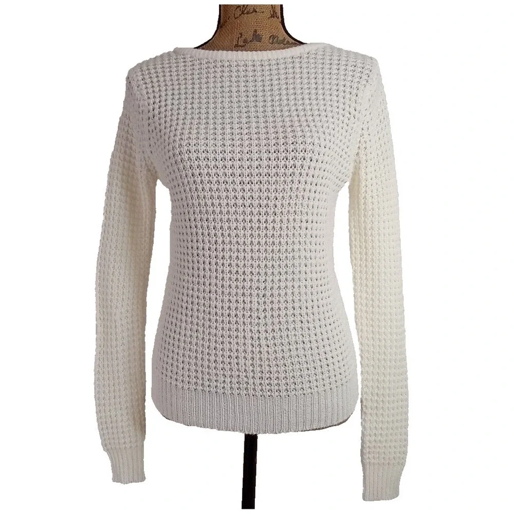 Panhandle Sweater SMALL Cream Open Knit Stretch Crisscross Back Long Sleeve‎ LN